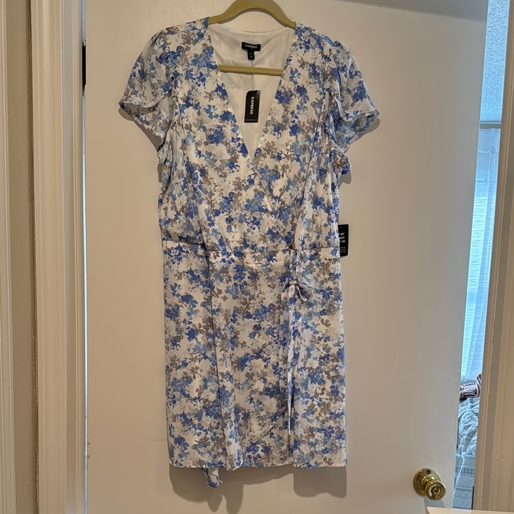 Express Blue and White Flutter Sleeve Mini Sundress